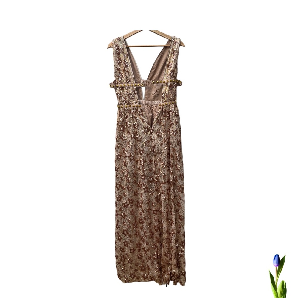 L'ATISTE Rose Gold Sequins Stars and Studs Long Backless Wedding Guest Dress S
